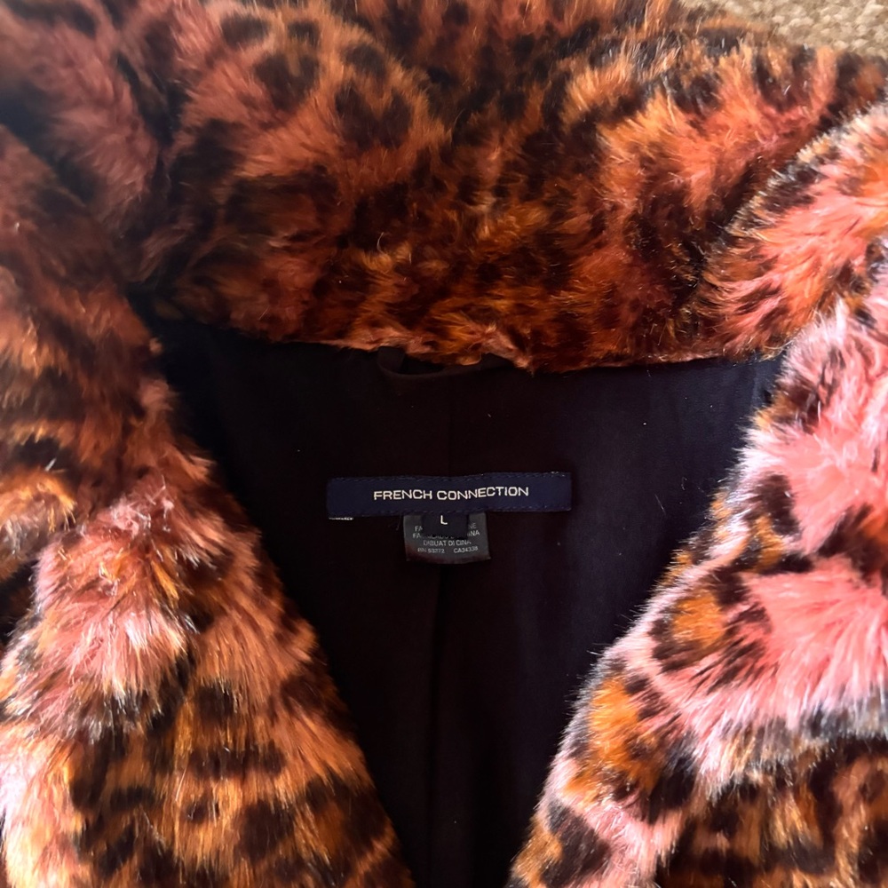 French Connection Girls' Leopard Faux Fur Pea Coat - Pink & Brown - Picture 4 of 5